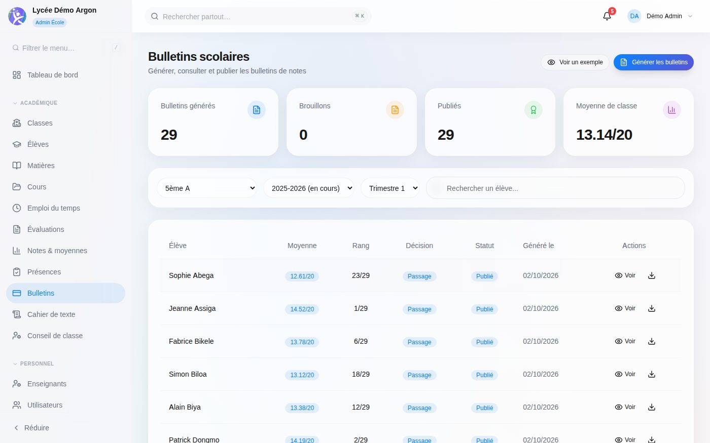 Écran Bulletins