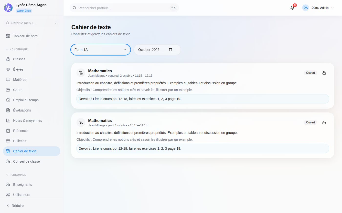 Écran Cahier de texte