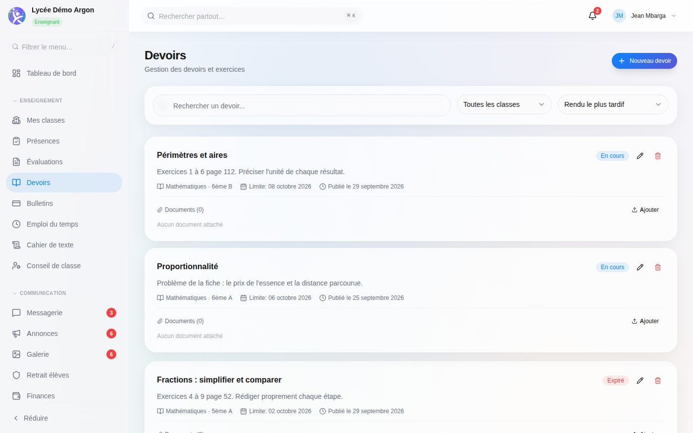 Écran Devoirs