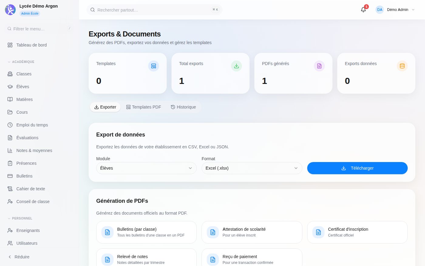 Écran Exports & Documents