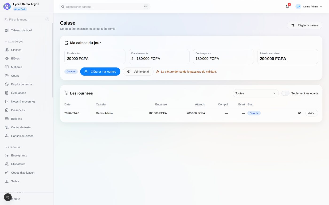 Caisse du jour : 180 000 FCFA encaissés, 200 000 FCFA attendus en caisse.