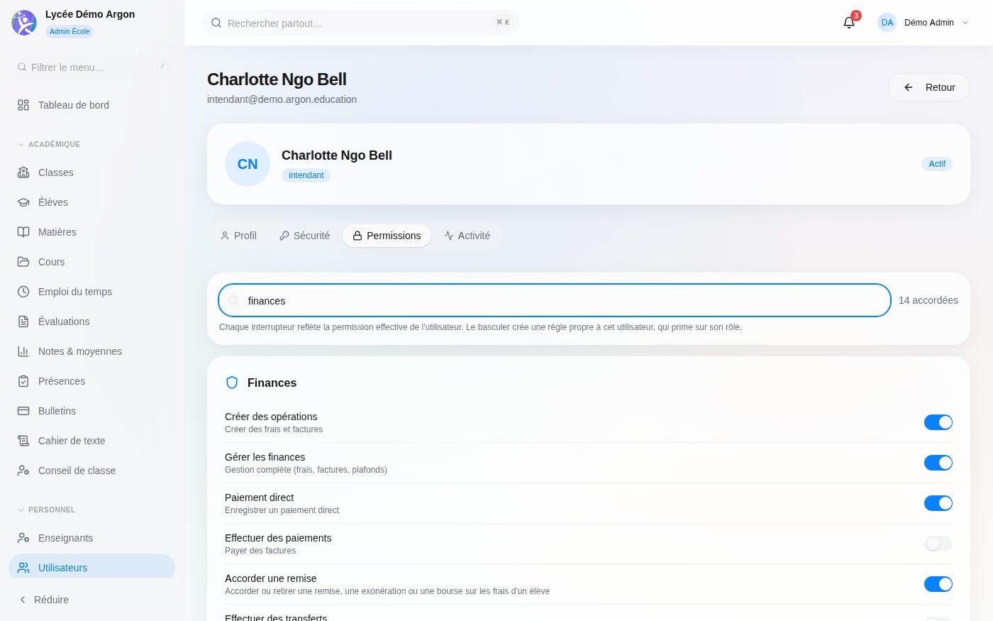 Écran Permissions & Sécurité