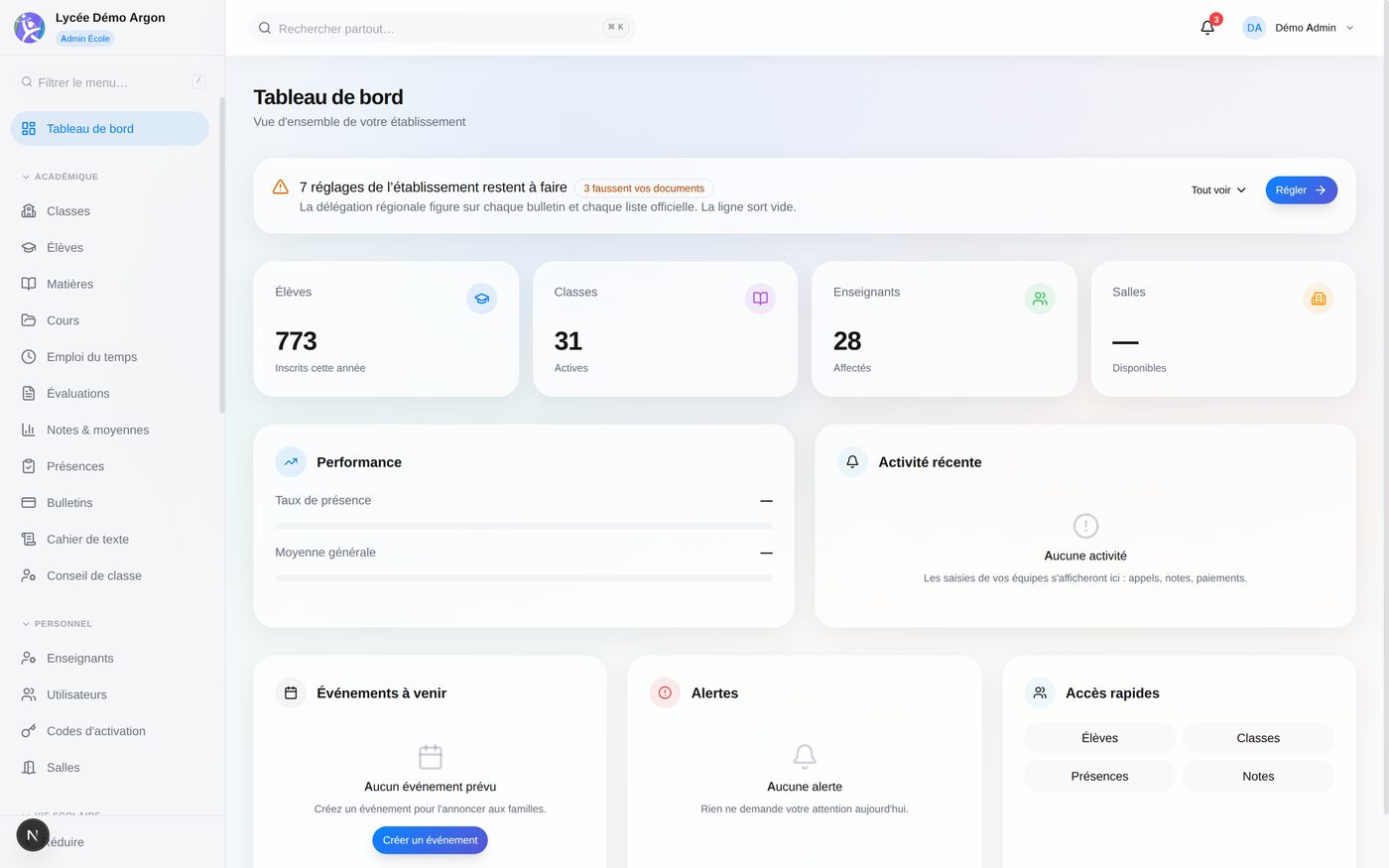 Tableau de bord d'Argon : 773 élèves, 31 classes, 28 enseignants.