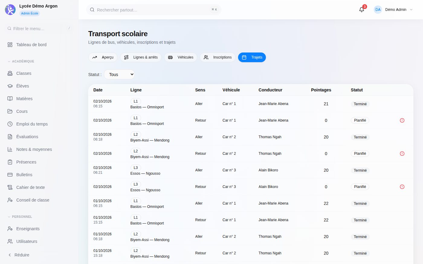 Écran Transport scolaire